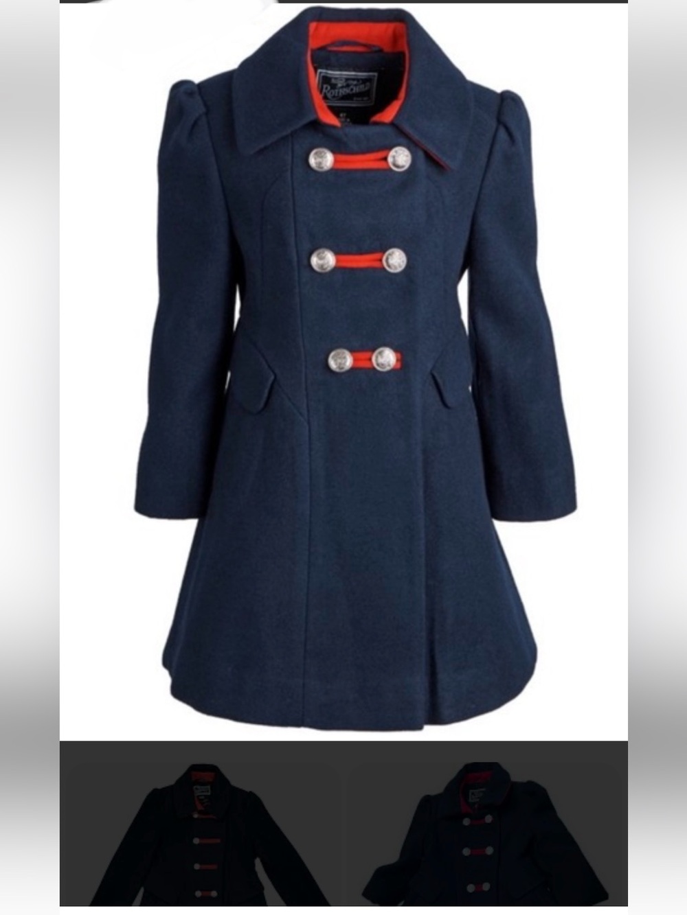 Rothschild Navy Blue bandmaster Pea Coat with Red Trim silver buttons EUC size 5